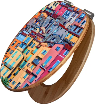 Produktbild von banjado Design WC Sitz Bambus Absenkautomatik -Häuserberg - Toilettendeckel mit Absenkautomatik Holz/hochwertiger Bambus Klodeckel/WC-Sitz für alle gängigen Toiletten [TDB2 10865]