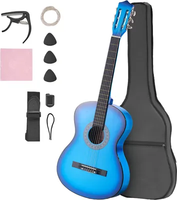 Produktbild von SucceBuy Konzertgitarre, 960 mm, Holz-Klassikgitarren-Set für Anfänger, inklusive Nylonsaiten, Tragetasche, Gurt, Stimmgerät, Ersatzsaiten, Plektren, Kapodaster, aus Linde, für Einsteiger, Blau