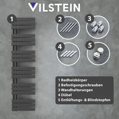 Produktbild von VILSTEIN Badheizkörper elektrisch, Handtuchheizkörper seitlich offen, Handtuchtrockner Bad, Wandheizkörper, Handtuchheizung Badezimmer, Heizkörper Handtuchhalter, Schwarz, 180x45 cm