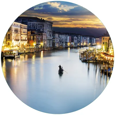 Produktbild von Wallario Premium Glasbild, freischwebende Optik, kräftige Farben, rund 50cm Durchmesser, Motiv Canal Grande in Venedig am Abend mit untergehender Sonne
