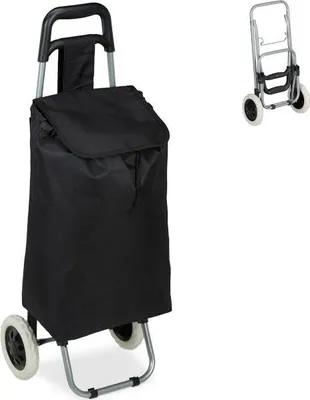 A black shopping trolley with two wheels, shown from the front.