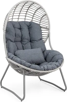 Immagine prodotto di Poltrona da esterno in rattan KOMFOTTEU, poltrona da giardino in rattan con cuscino removibile, poltrona a forma di conchiglia, sedia a forma di uovo con struttura in metallo e piedini regolabili, poltrona relax per giardino, balcone o terrazza