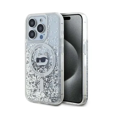 Image de Étui MagSafe pour Apple iPhone 15 Pro Max - Coque arrière Karl Lagerfeld Liquid Glitter Choupette Head - Transparent
