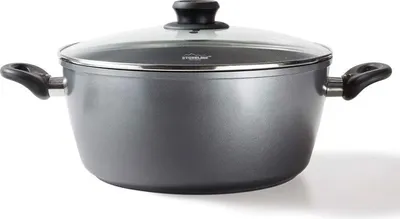 A gray cooking pot with a clear glass lid and black handles, shown from the front on a white background.