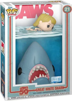 A Funko Pop! vinyl figure of the Great White Shark from Jaws, displayed in its packaging.