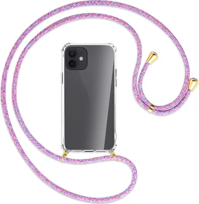 Produktbild von Handykette Backcover-Schutzhülle mit Band (Metall goldfarben) für Apple iPhone 12, 12 Pro - lila/rosa/blau