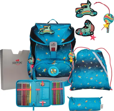 A set of school supplies including a backpack, pencil case, and drawstring bag, all with a rainbow star theme.