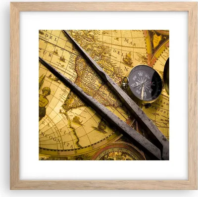 Produktbild von Gerahmtes Poster - Rahmen in heller Eiche - Kompass Abenteuer Reisen - 30x30 cm - Wand Bild - Wanddeko - Wandbilder - Wandposter - Bilderrahmen - Bilder - Kunstdruck - Wandbild - P2NAC30x30-0146