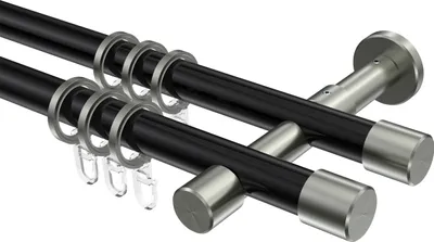 Produktbild von Interdeco Gardinenstange / Vorhangstange Schwarz / Edelstahl-Optik, Typ Prestige Santo (Kappe), 20 mm Ø 2-läufig, 200 cm
