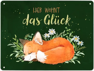Produktbild von Fuchs Metallschild XL in 21x28 cm in grün mit Spruch Hier wohnt das Glück