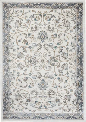 A top-down view of a rectangular rug with a classic floral design.