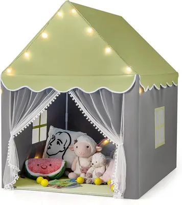 Imagen del producto de Casa de juegos para niños con luces de estrellas, tienda de juegos para niños con temática de princesa, tienda de juegos con ventana y alfombra, tienda de juegos con doble cortina, tienda de juegos para niños, castillo de juegos para niños, ideal para niños y niñas (verde)