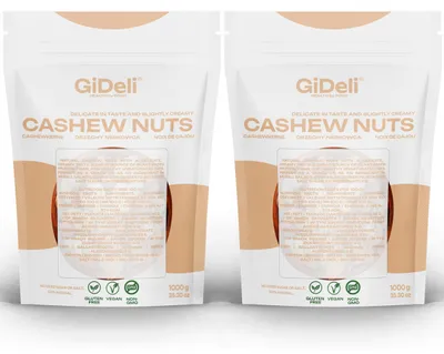 Obrázok produktu pre 2 kg celých, nesolených, prírodných kešu orieškov. Vhodné pre vegánov, bohaté na bielkoviny. Značka: GiDeli