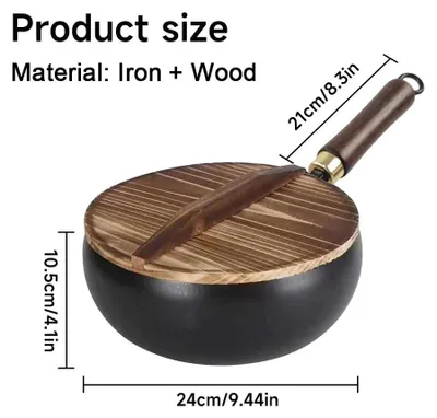 Obrázek produktu pro Ručně kovaná pánev wok – litinová pánev o průměru 24 cm – bez povrchové úpravy – s dřevěným víkem – vhodná pro plynové a indukční sporáky – pro tradiční čínskou kuchyni