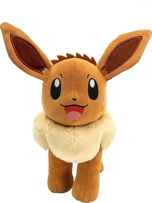 A plush toy of the Pokemon character Eevee is shown standing against a white background.