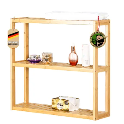 A three-tiered bamboo shelf unit displaying various cosmetic and personal care items.