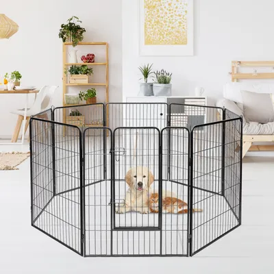 Produktbild von GOPLUS Haustierzaun 8 Platten Faltbar & tragbar, Metallzaun mit Türschloss, Platte100x80cm Tierlaufstall für Hund, Katze