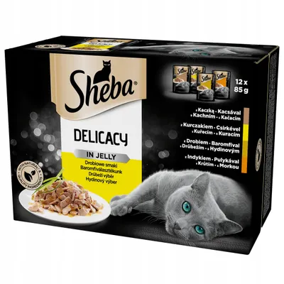 Zdjęcie produktu dla Mokra karma dla kotów z kaczką, kurczakiem, drobiem i indykiem w galaretce Sheba Delicacy Drobiowe Smaki 12x85g