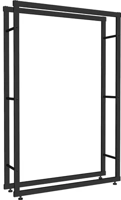 A black metal firewood rack shown against a white background.