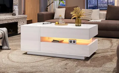 Produktbild von okwish Anhebbarer Couchtisch Wohnzimmertisch Beistelltisch mit 1 Schublade und 1 Schrank,Hochglanz Teetisch - Sofatisch mit LED,mit verstecktem und halboffenem Stauraum,Weiß