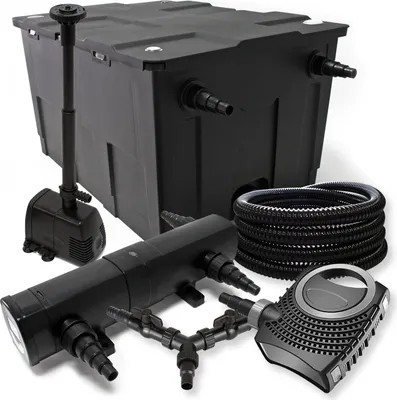 Immagine prodotto di Set completo SunSun: filtro per laghetti CBF-550 fino a 60000 L, pompa per laghetti CTF-8000 8000l/h 70W, chiarificatore per laghetti CUV-224 24W, tubo per laghetti 25m 25 mm, fontana HJ-943 800l/h 16W, distributore Y