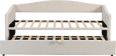 Produktbild von Flieks Schlafsofa 90x200/180x200cm mit ausziehbarem Bett, Sofabett Tagesbett Kinderbett Jugendbett mit Lattenrost, Daybett Samt, Beige
