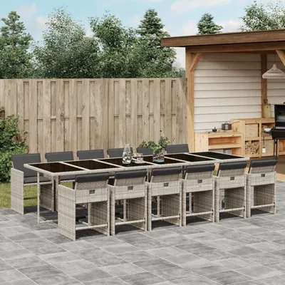 Produktbild von Design 13-tlg. Garten-Essgruppe mit Kissen Hellgrau Poly Rattan, Gartenmöbel-Sets 2024 Neu
