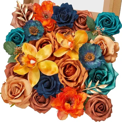 Productafbeelding van Kunstbloemen Set - Nepbloemen Zijde - Decoratie Huis - Herfstkleuren - 200g - Teal Oranje