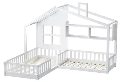 Obrázek produktu pro Dětská postel - postel pro větší děti 90 x 200 cm - police pod okno - LED světelný panel - bezpečnostní zábradlí - rošt - masivní dřevo a MDF - bílá barva