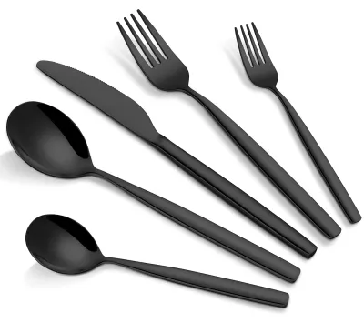 Produktbild von Besteckset aus Edelstahl - Messer, Gabel, Löffel und Dessertgabel - Hochglanzpoliert - Spülmaschinengeeignet - Schwarz
