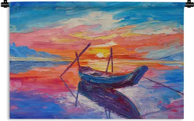 Produktbild von MuchoWow® Wandteppich Wandbehang Malerei - Boot - Ölfarbe - Wasser 90x60 cm Tapisserie Dekoration Wandtuch - Wandskulpturen - Bildteppich