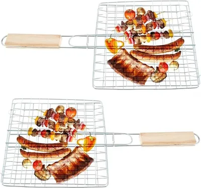 Obrázok produktu pre 2 x grilovací rošt s drevenou rukoväťou | Grilovací kôš na ryby zeleninu steaky krevety | Kovový grilovací rošt 23 x 21 cm | Kôš na zeleninu obracačka na hamburgery | Grilovací kôš | Grilovací rošt na grilovanie