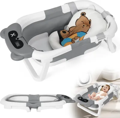 Produktbild von Bettizia Baby Badewanne Faltbare Babybadewanne mit Gestell und Badematte Rutschfeste Tragbare Babywanne für Neugeborene Kinder (Grau)