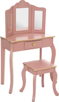 A pink wooden vanity table and stool set for children, with a tri-fold mirror and a heart-shaped drawer pull.