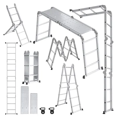 Produktbild von 6 in 1 Mehrzweckleiter 3,4 m Klappbare Aluminiumleiter mit 2 Rollen und Plattform, Multifunktionsleiter, Belastbarkeit bis 150 kg