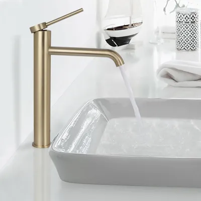 Image de Mitigeur de lavabo haut, mitigeur de lavabo en acier inoxydable à bec haut, mitigeur monocommande, finition brossée, couleur or PTMP01LG