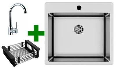Produktbild von [Edelstahlspüle 50,5x55 + Spülkorb mit Armatur] Hochwertig eckige Edelstahl Spülbecken f. Unterschränke ab 45 cm inkl. Siphon-Set, Farbe:Silber