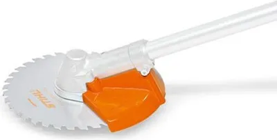 A close-up shot of a Stihl circular saw blade attachment for a string trimmer.