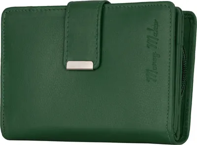 A green leather wallet is shown against a white background.