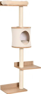 Produktbild von PawHut Wand-Kratzbaum 38 x 30 x 149 cm mit mehreren Holzplattformen, Höhlenbett, abnehmbares Kissen, Sisal-Kratzbäume, Kletterturm, Beige und Eiche