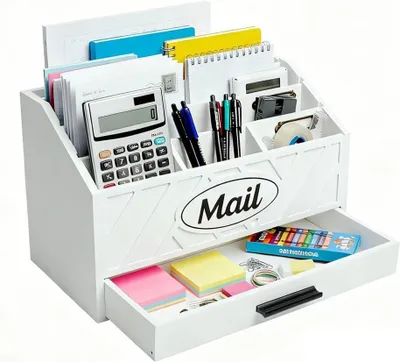 Image de Organisateur de bureau blanc, 6 compartiments, avec tiroir, pour bureau