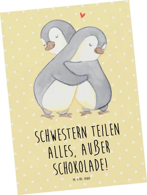 Produktbild von Mr. & Mrs. Panda Postkarte Schwestern Liebe - Gelb Pastell - Geschenk, Schokolade, Fotokarte, Grußkarte, Teilen, Familienleben, Geschwisterliebe, bildkarte, Schwester