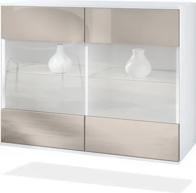 Produktbild von Vladon Kommode Bari V3, Moderner Küchenschrank mit 2 großen Glastüren inkl. RGB Beleuchtung Weiß matt / Sandgrau Hochglanz (92,5 x 73.5 x 35)