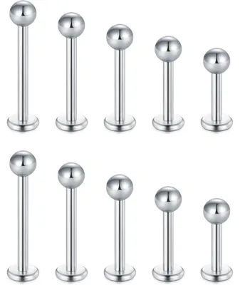 Zdjęcie produktu dla Zestaw 10 sztuk srebrnych kolczyków do piercingu wargi, wykonanych ze stali chirurgicznej, o grubości 16G, z cyrkoniami, o długości od 6 do 14 mm