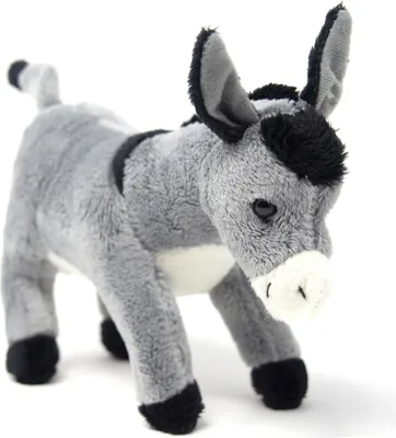A plush toy donkey is shown against a white background.