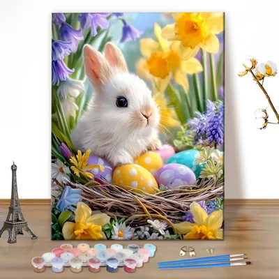 Immagine prodotto di Kit per dipingere ad olio "Dipingi per numeri", coniglietto di Pasqua, tema primaverile, ideale per principianti, adulti, dimensioni 40x50 cm, senza cornice