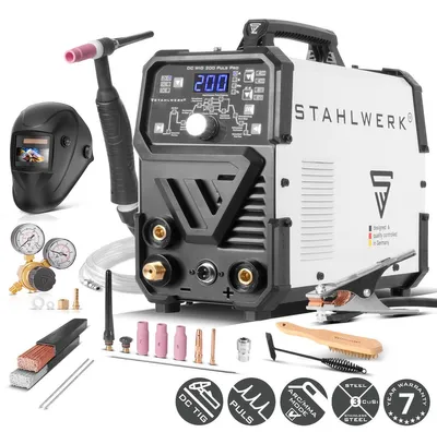 Zdjęcie produktu dla Spawarka łukowa w osłonie gazu STAHLWERK 2 w 1 Combi DC TIG 200 Puls Pro - w pełni wyposażona - TIG & MMA do 200 A, cienkie blachy, stal, stal nierdzewna, miedź, mosiądz