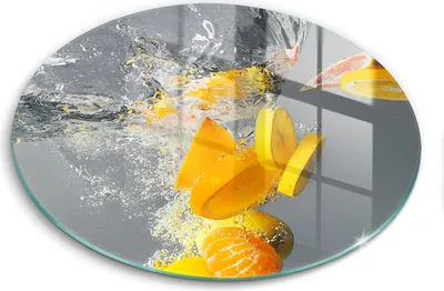 Zdjęcie produktu dla Szklana deska do krojenia - Deska kuchenna - ⌀40 cm – Szkło hartowane – Antypoślizgowa - Cytryny W Wodzie