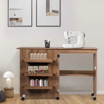 Produktbild von Nähtisch Nähmaschinenschrank Faltbar, Nähschrank Nähmöbel, Mehrzwecktisch mit 4 Rollen (Braun)
