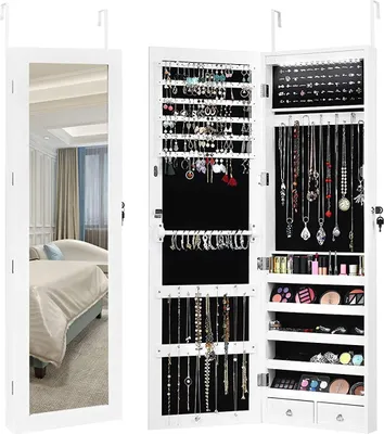 GOPLUS Schmuckschrank mit LED, Schmuckregal Türmontage & Wandmontage, Schmuckkasten mit Spiegel, Wandspiegel Multifunktional, Weiß, 120 x 37 x 8,7 CM